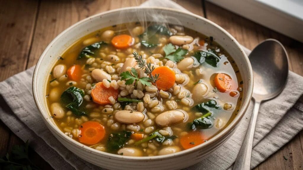 A bowl of vegetable soup with carrots, white beans, barley, spinach, and fresh herbs, steaming on a wooden table next to a spoon.