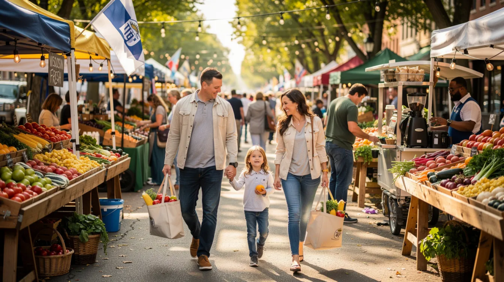 A family of three walks hand-in-hand at an outdoor farmers market, surrounded by colorful produce stands and vendors, while carrying tote bags of fresh fruits and vegetables on a sunny day.