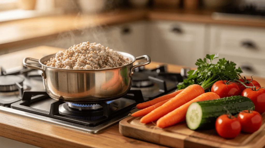 A pot of cooked grains steaming on a stove, with fresh carrots, cucumber, tomatoes, and parsley arranged on a wooden cutting board in a bright kitchen.