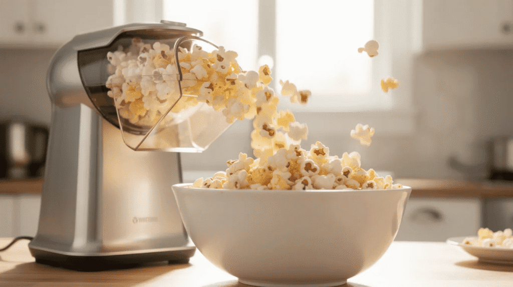 A popcorn machine pouring fresh popcorn into a white bowl on a kitchen counter, with popped kernels spilling over the bowl. The background shows a bright, modern kitchen.