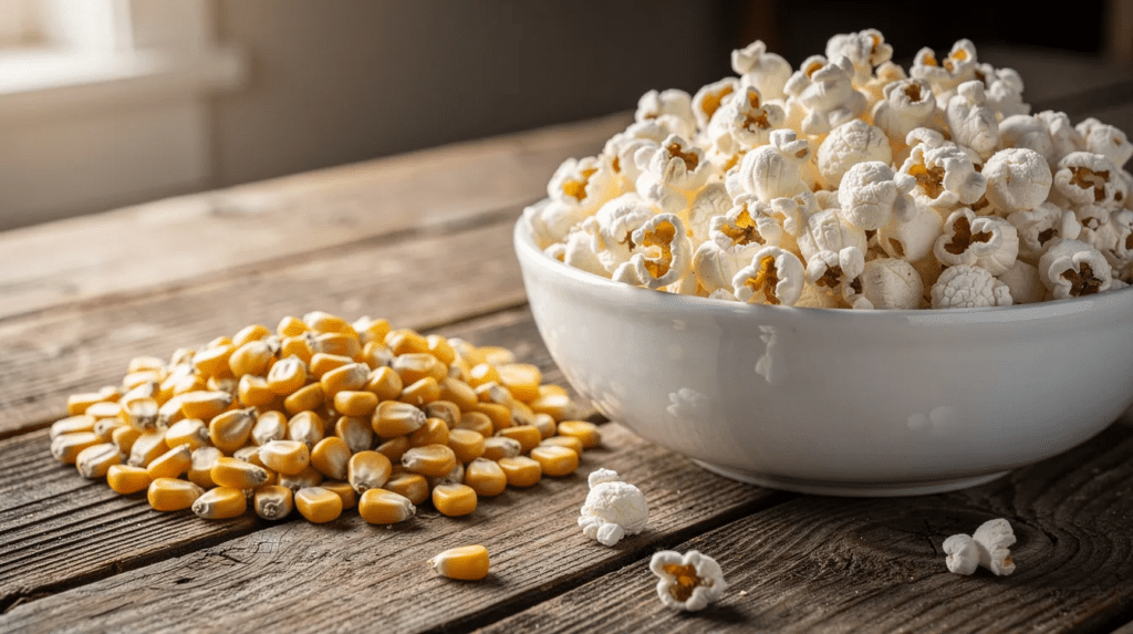 A white bowl filled with popped popcorn sits on a rustic wooden table next to a pile of unpopped yellow corn kernels, with a few pieces of popcorn scattered around.