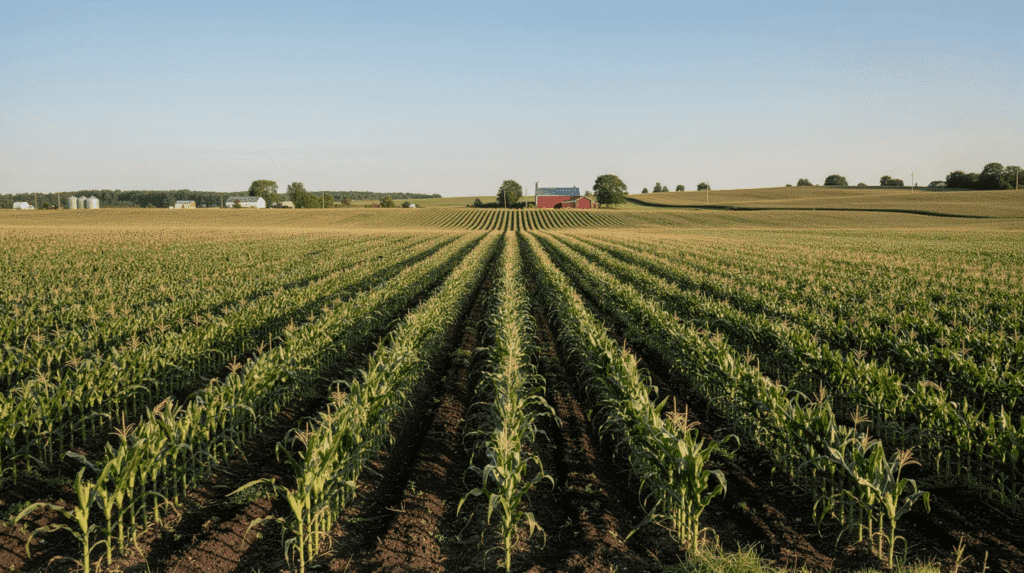 Rows of green crops grow in a large, flat field under a clear blue sky, with a red barn and silos visible in the distance, surrounded by scattered trees on the horizon.