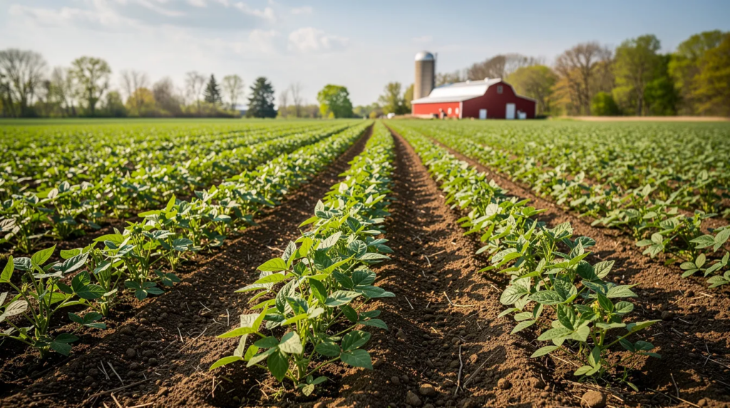 Rows of young green plants, including beans known for their benefits for heart health, grow in a well-maintained field under a partly cloudy sky, with a red barn and silo in the background, surrounded by trees and farmland.