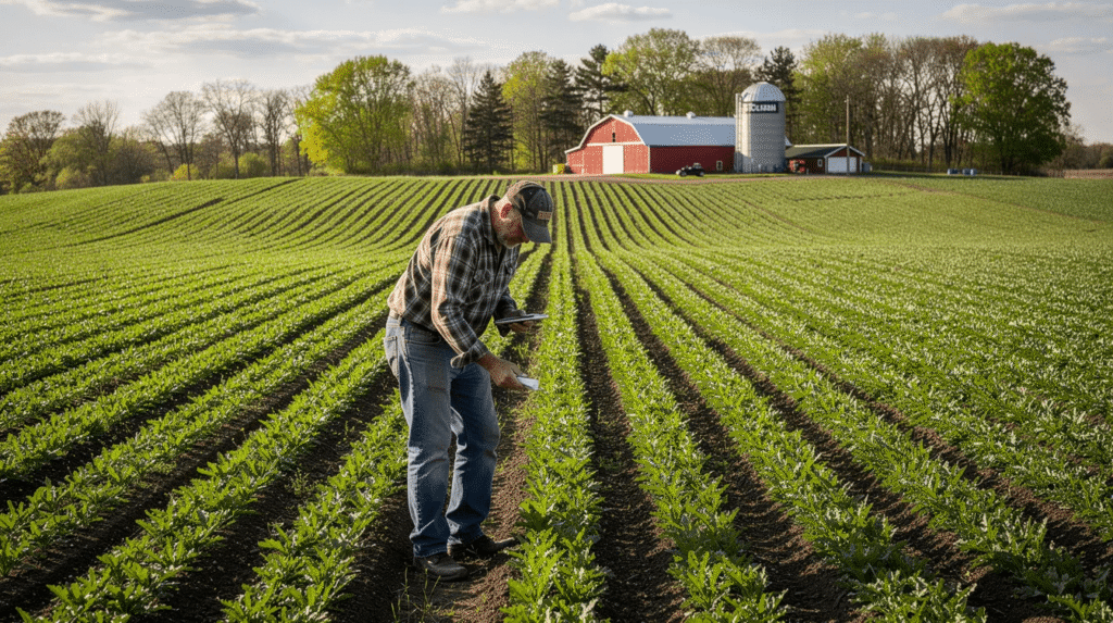 A farmer in a plaid shirt and cap inspects crops in a green, neatly planted field with a red barn, silo, and trees in the background on a sunny day.