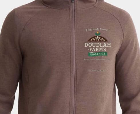 A brown zip-up hoodie featuring the DOUDLAH FARMS ORGANICS logo and the slogan I Know My Farmer on the left chest area. The logo includes green, white, and brown colors.