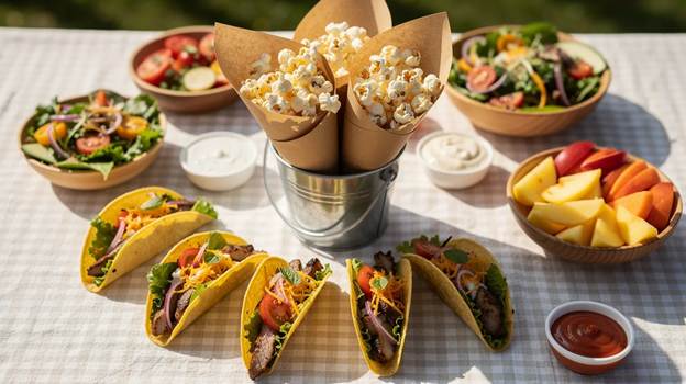 A picnic table with tacos, three cones of popcorn in a metal bucket, bowls of salad, apple slices, dipping sauces, and a bowl of cherry tomatoes displayed on a checkered tablecloth.