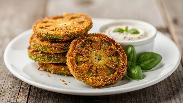 A stack of crispy fried green tomato slices is served on a white plate with a small dish of creamy dipping sauce and a sprig of fresh basil on the side. The background is a rustic wooden surface.