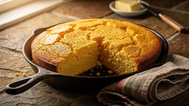 A golden, freshly baked cornbread sits in a black cast-iron skillet with a wedge cut out. A cloth napkin and a plate with butter are nearby on a rustic stone countertop.