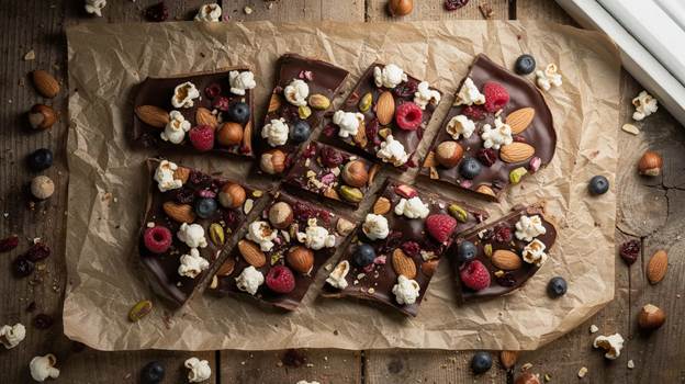 Overhead view of chocolate bark pieces topped with almonds, popcorn, raspberries, blueberries, and other nuts on crumpled parchment paper, set on a rustic wooden table.