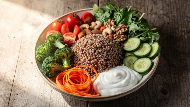 A bowl filled with buckwheat, cherry tomatoes, spinach, cucumber slices, broccoli, carrot ribbons, assorted nuts, and a dollop of yogurt, arranged neatly on a wooden surface.