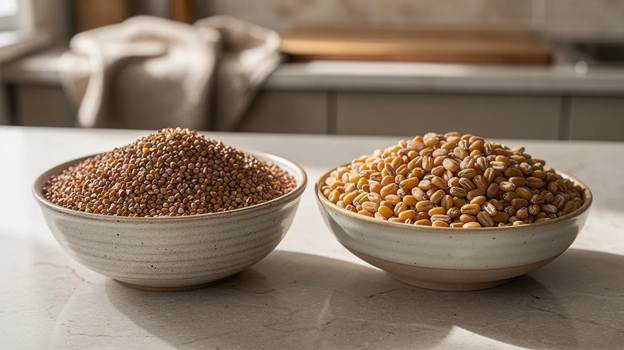 Two ceramic bowls sit on a kitchen counter, one filled with small reddish-brown grains and the other with larger, round yellow grains. Sunlight streams in, creating a warm, natural atmosphere.