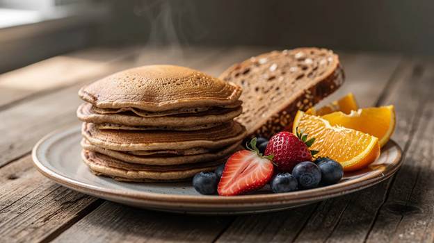 A plate with a stack of pancakes, multigrain toast, orange slices, strawberries, and blueberries on a wooden table in natural light.