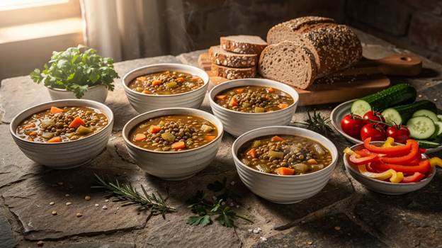 Five bowls of lentil soup are arranged on a stone surface, surrounded by sliced whole grain bread, a bunch of parsley, and a platter of fresh vegetables including tomatoes, cucumbers, and bell peppers.