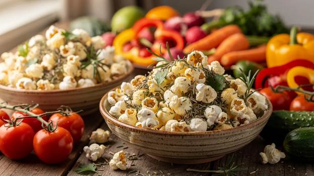 Two bowls of popcorn topped with herbs sit on a wooden table surrounded by fresh vegetables, including tomatoes, carrots, cucumbers, and sliced bell peppers. The scene evokes a healthy and colorful snack spread.