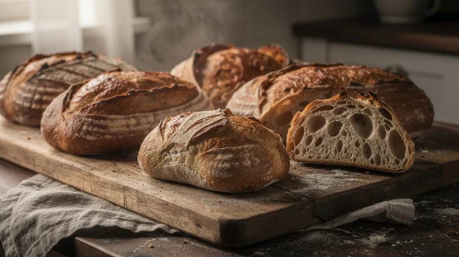 Several round loaves of rustic sourdough bread sit on a wooden board in a kitchen. One loaf is cut open, revealing an airy, hole-filled crumb. Sunlight streams through a window in the background.