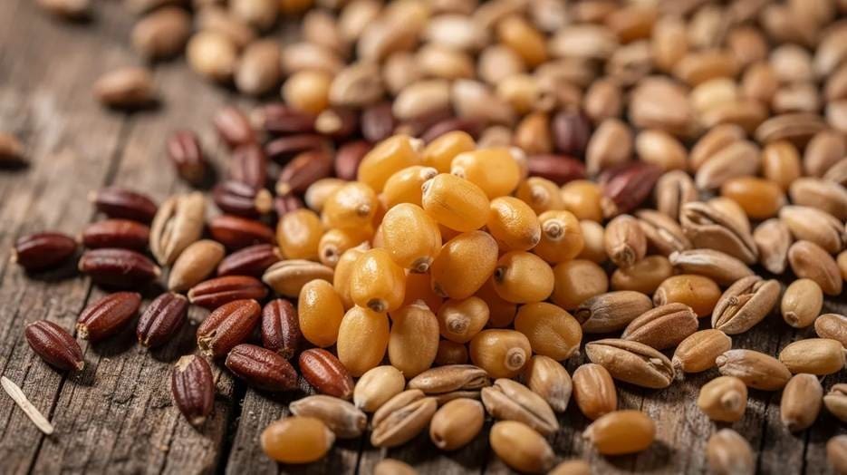 A close-up of assorted grains and seeds, including golden, brown, and tan varieties, arranged on a rustic wooden surface.