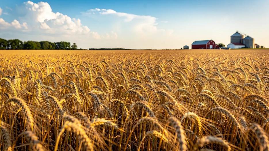 Golden wheat field under a blue sky with scattered clouds. In the background, there are red barns and a silo surrounded by trees, typical of a rural farm landscape.