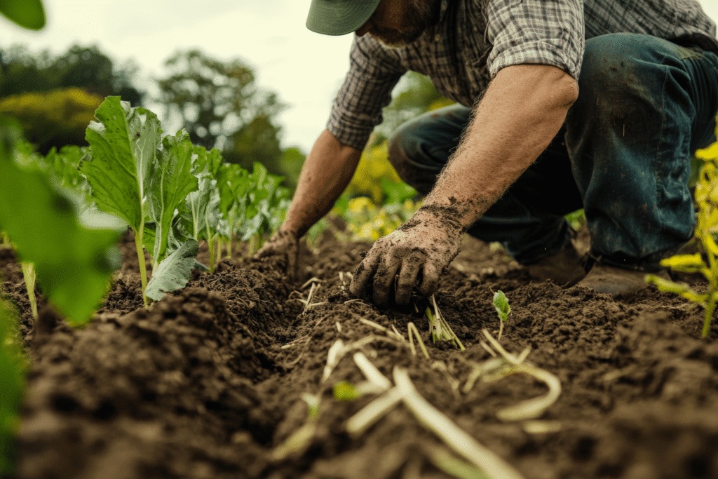 A person wearing a plaid shirt and gloves is planting or tending to crops in a garden, hands in the soil among rows of leafy green plants on a cloudy day, nurturing soil health and promoting biodiversity.
