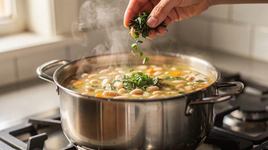 A hand sprinkles fresh herbs into a steaming pot of bean and vegetable soup on a stove, with sunlight coming through a nearby window.