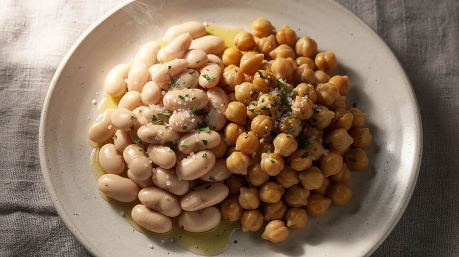 A plate with two piles of beans: white beans on the left and chickpeas on the right, drizzled with olive oil and sprinkled with chopped herbs and salt.