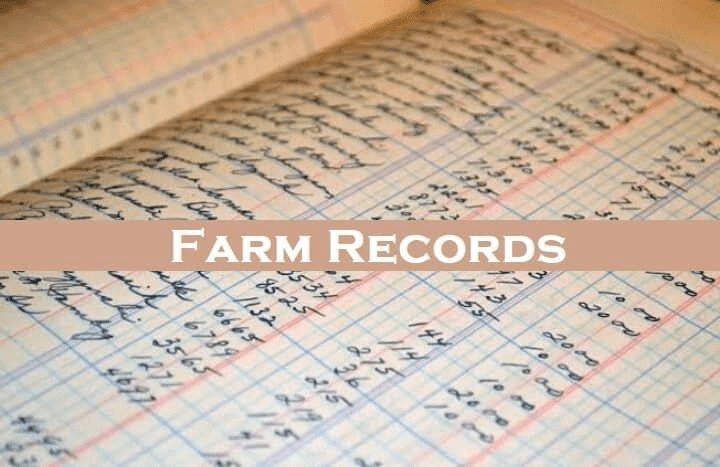 An open ledger with handwritten entries in blue ink and columns of numbers, overlaid with a beige banner that reads Farm Records in bold white letters—perfect for tracking organic farming activities and overcoming farming challenges.