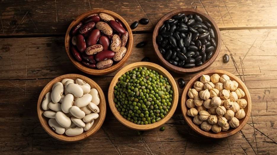 Five wooden bowls filled with different types of beans—kidney, black, white, mung, and chickpeas—are arranged in a circle on a rustic wooden table with some beans scattered around.