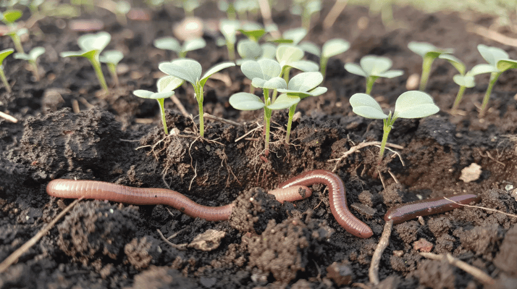 Close-up of earthworms in dark soil, surrounded by small green seedlings with round leaves, suggesting a garden or natural environment.