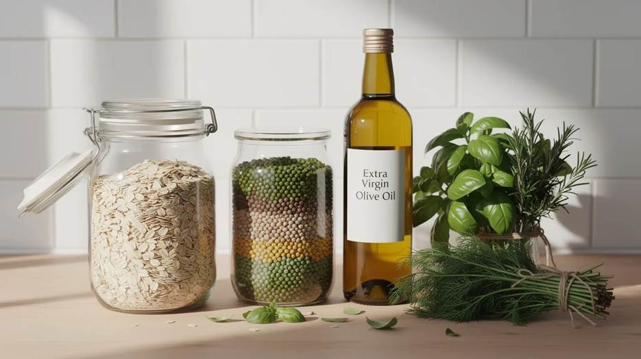 A jar of oats, a jar of dried beans, a bottle of extra virgin olive oil, and fresh herbs including basil and dill sit on a wooden countertop in a sunlit kitchen.