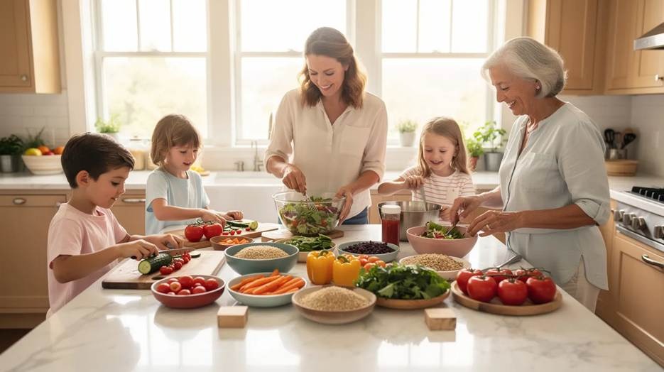 A family with two adults and three children prepares a healthy meal together in a bright kitchen, surrounded by bowls of fresh vegetables, grains, and fruit on the countertop.
