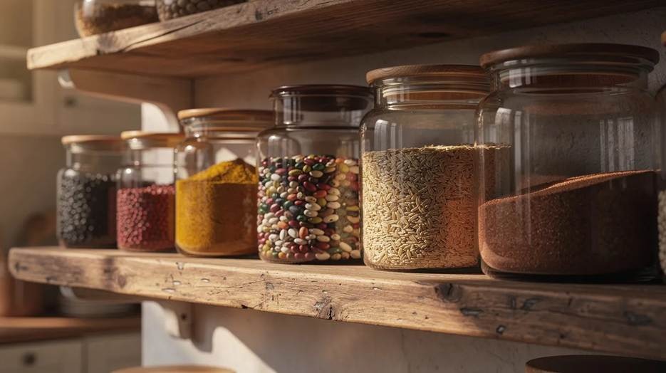 Glass jars filled with various dry foods, such as spices, grains, and beans, are neatly arranged on rustic wooden shelves in a sunlit kitchen.