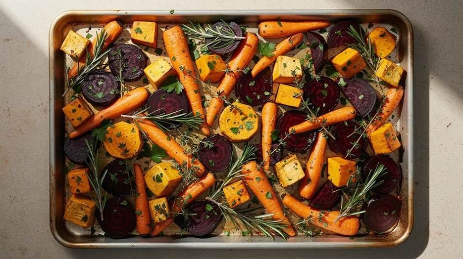 A baking sheet with sliced beets, cubed squash, whole baby carrots, fresh rosemary, thyme, and parsley, all ready for roasting.