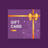 A purple gift card with a gold ribbon and bow, white text reading GIFT CARD, and outlines of presents in the background, set against a dark purple patterned surface.