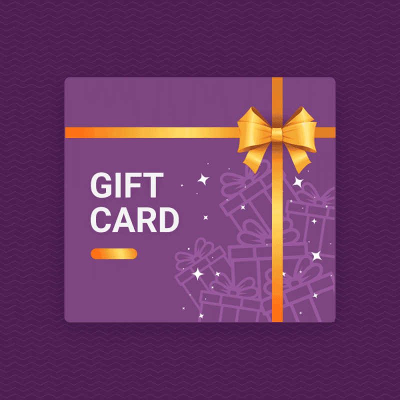 A purple gift card with a gold ribbon and bow, white text reading GIFT CARD, and outlines of presents in the background, set against a dark purple patterned surface.