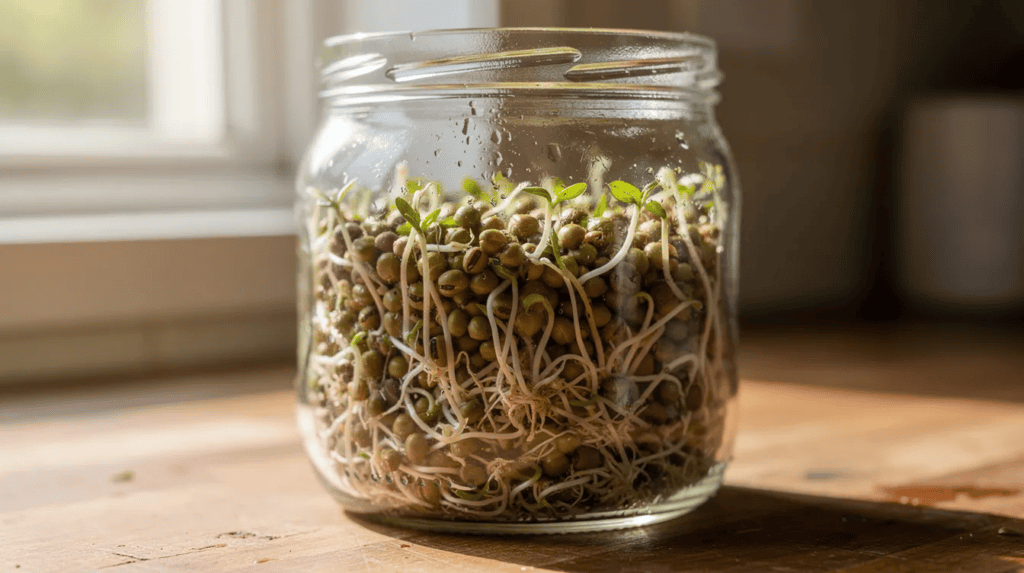 A glass jar filled with growing mung bean sprouts sits on a wooden countertop near a sunlit window.