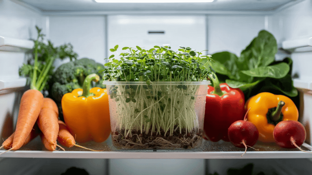A container of microgreens sits in the center of a refrigerator shelf, surrounded by carrots, yellow and orange bell peppers, broccoli, radishes, and leafy greens.