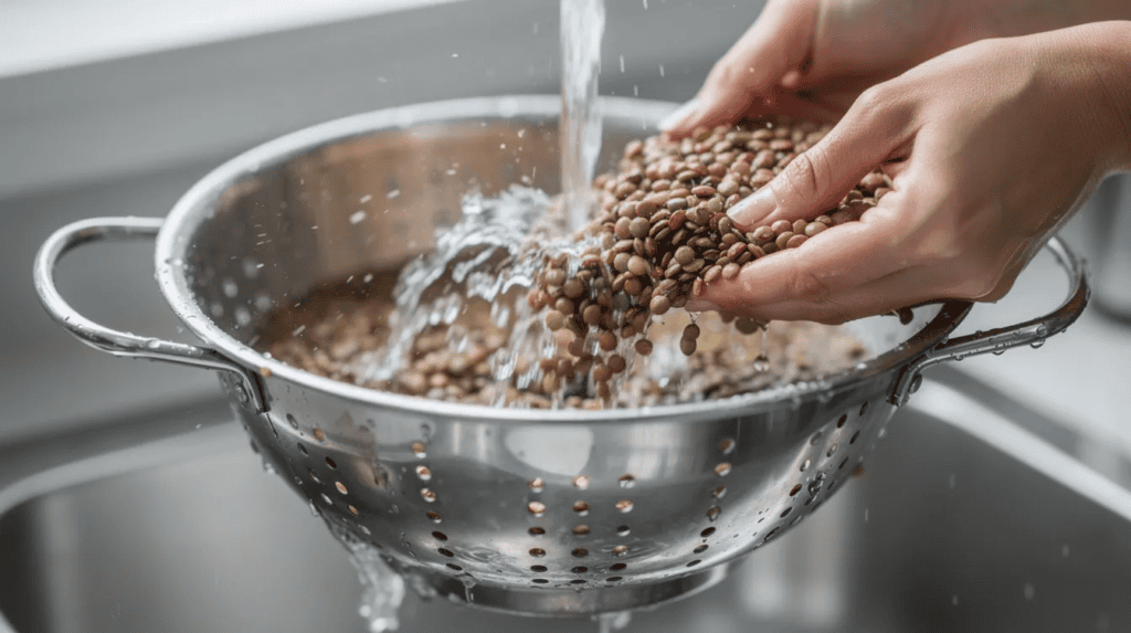 Hands rinsing lentils under running water in a metal colander placed in a kitchen sink, with water droplets splashing around.