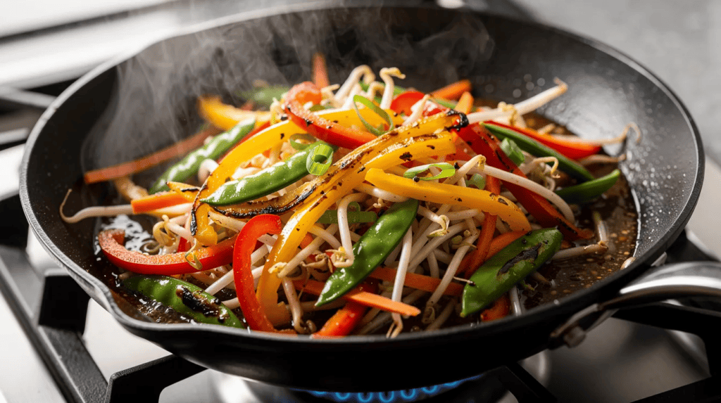 Colorful stir-fried vegetables including bell peppers, snap peas, bean sprouts, and carrots cooking in a black skillet on a stovetop with steam rising.